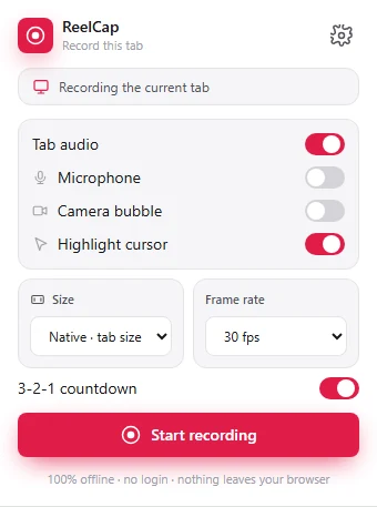 The ReelCap popup with toggles for tab audio, microphone, camera bubble and highlighted cursor