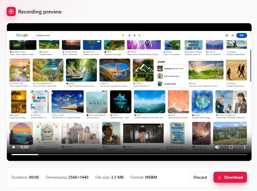 ReelCap preview tab showing a finished recording with its duration, dimensions, file size and a download button