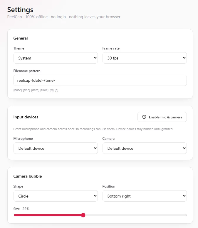 The ReelCap settings page with sections for input devices, the camera bubble and cursor effects